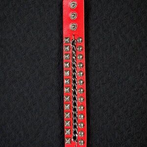 Punk Studded Leather Wristband Gothic Rock Red Bracelet with Double-Row Spikes